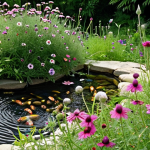 **A thriving, biodiverse garden corner.** Lush native flowers in full bloom (e.g., Korean self-heal, cosmos, thistle, bee balm), with various beneficial insects like honeybees, vibrant butterflies, and ladybugs actively pollinating and resting. A shallow, clear water bath with small stones or pebbles is visible, attracting more insects for hydration. Natural sunlight bathes the scene, highlighting the harmony between the plants and the abundant insect life, conveying a sense of serenity and ecological balance.