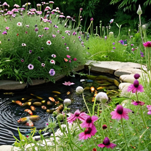 Home 15 **A thriving, biodiverse garden corner.** Lush native flowers in full bloom (e.g., Korean self-heal, cosmos, thistle, bee balm), with various beneficial insects like honeybees, vibrant butterflies, and ladybugs actively pollinating and resting. A shallow, clear water bath with small stones or pebbles is visible, attracting more insects for hydration. Natural sunlight bathes the scene, highlighting the harmony between the plants and the abundant insect life, conveying a sense of serenity and ecological balance.