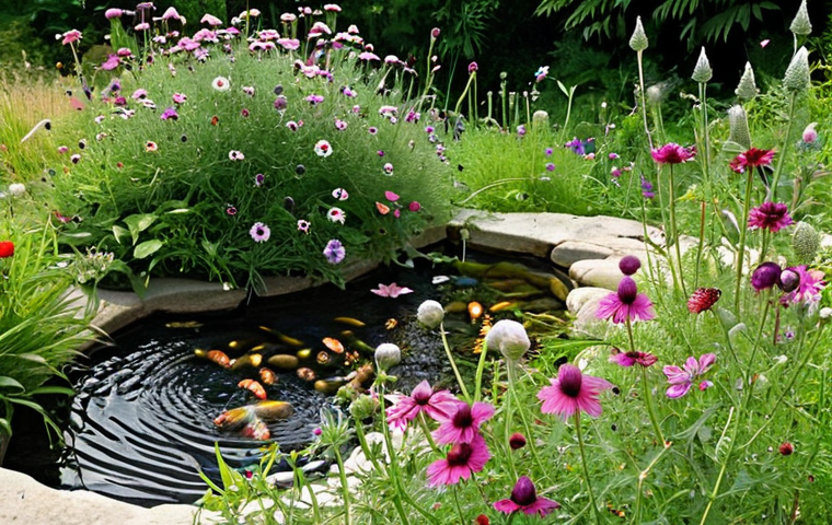 **A thriving, biodiverse garden corner.** Lush native flowers in full bloom (e.g., Korean self-heal, cosmos, thistle, bee balm), with various beneficial insects like honeybees, vibrant butterflies, and ladybugs actively pollinating and resting. A shallow, clear water bath with small stones or pebbles is visible, attracting more insects for hydration. Natural sunlight bathes the scene, highlighting the harmony between the plants and the abundant insect life, conveying a sense of serenity and ecological balance.