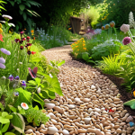 A serene, close-up view of a sustainable garden pathway made from soft earth, smooth pebbles, and organic wood chips. Various insects like busy bees, colorful butterflies, and tiny ants are seen comfortably navigating and inhabiting the path, surrounded by diverse wildflowers and lush greenery. Sunlight filters through leaves, creating a vibrant, harmonious ecological scene.