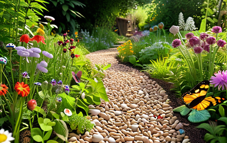 A serene, close-up view of a sustainable garden pathway made from soft earth, smooth pebbles, and organic wood chips. Various insects like busy bees, colorful butterflies, and tiny ants are seen comfortably navigating and inhabiting the path, surrounded by diverse wildflowers and lush greenery. Sunlight filters through leaves, creating a vibrant, harmonious ecological scene.