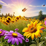A vibrant, sun-drenched garden scene, teeming with bees buzzing around purple lavender and golden sunflowers, and colorful butterflies gently landing on wide, flat petals of cosmos and zinnias. The image should convey a sense of bustling natural harmony, showcasing a diverse array of "magic flowers" specifically chosen to attract pollinators, with bright, rich colors.