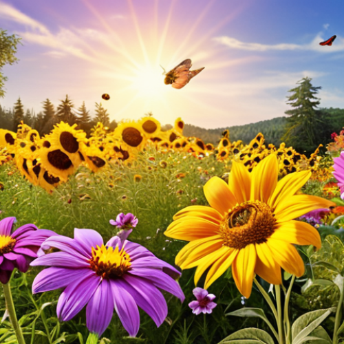 Home 7 A vibrant, sun-drenched garden scene, teeming with bees buzzing around purple lavender and golden sunflowers, and colorful butterflies gently landing on wide, flat petals of cosmos and zinnias. The image should convey a sense of bustling natural harmony, showcasing a diverse array of "magic flowers" specifically chosen to attract pollinators, with bright, rich colors.
