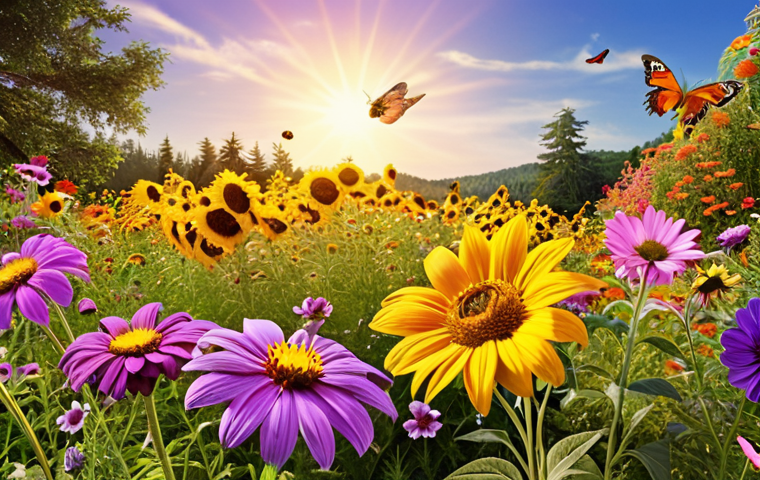 A vibrant, sun-drenched garden scene, teeming with bees buzzing around purple lavender and golden sunflowers, and colorful butterflies gently landing on wide, flat petals of cosmos and zinnias. The image should convey a sense of bustling natural harmony, showcasing a diverse array of "magic flowers" specifically chosen to attract pollinators, with bright, rich colors.