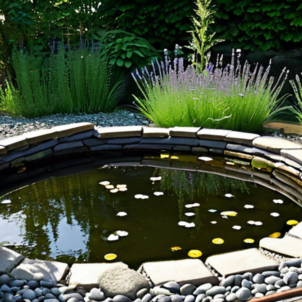 **
A small, natural pond designed to attract insects. The pond is located in a garden with a mix of sunlight and shade. The water's edge features shallow areas with pebbles and a deeper section in the middle. Surrounding the pond are flowering plants like lavender and cosmos, attracting bees and butterflies. A few rocks and small pieces of wood are placed near the water for insects to rest on. Safe for work, appropriate content, fully clothed, modest, perfect anatomy, correct proportions, natural pose, high quality, professional.
**