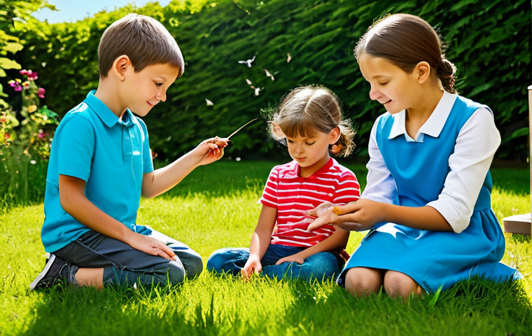**
"Children observing insects in a vibrant, educational garden setting, fully clothed in appropriate attire, safe for work, family-friendly, perfect anatomy, correct proportions, natural pose, well-formed hands, proper finger count, diverse group of kids, sunny day, learning environment, modest clothing, high quality"
**