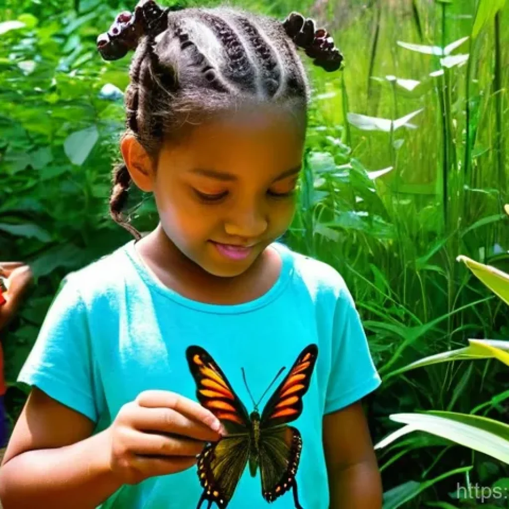 곤충과 함께하는 정원 체험 프로그램 - A close-up, vibrant outdoor scene within a lush insect garden. A diverse group of cheerful children,...