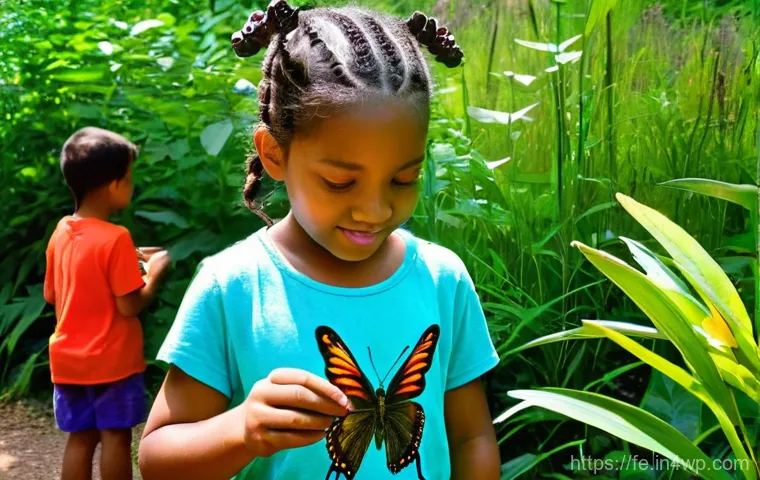 곤충과 함께하는 정원 체험 프로그램 - A close-up, vibrant outdoor scene within a lush insect garden. A diverse group of cheerful children,...