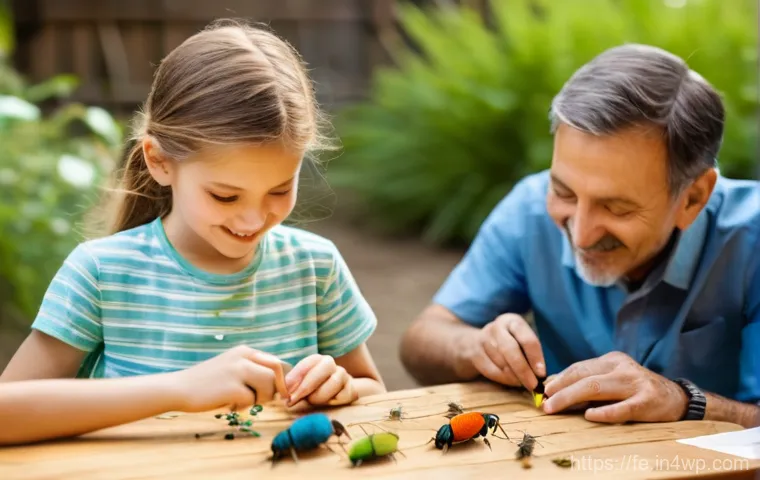 곤충과 함께하는 정원 체험 프로그램 - A close-up, vibrant outdoor scene within a lush insect garden. A diverse group of cheerful children,...