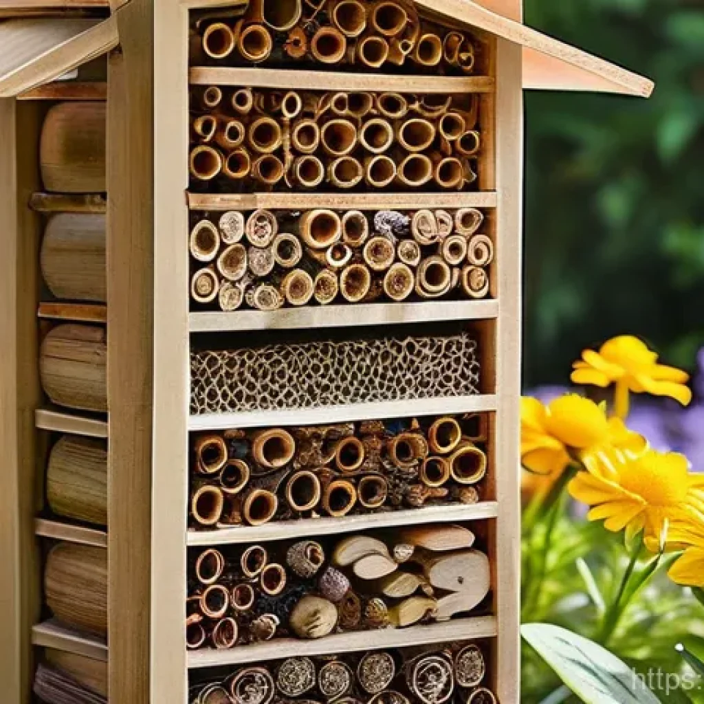 곤충 친화 정원에서의 생태계 회복 전략 - A close-up shot of a meticulously crafted insect hotel, bustling with life, situated in a vibrant ur...