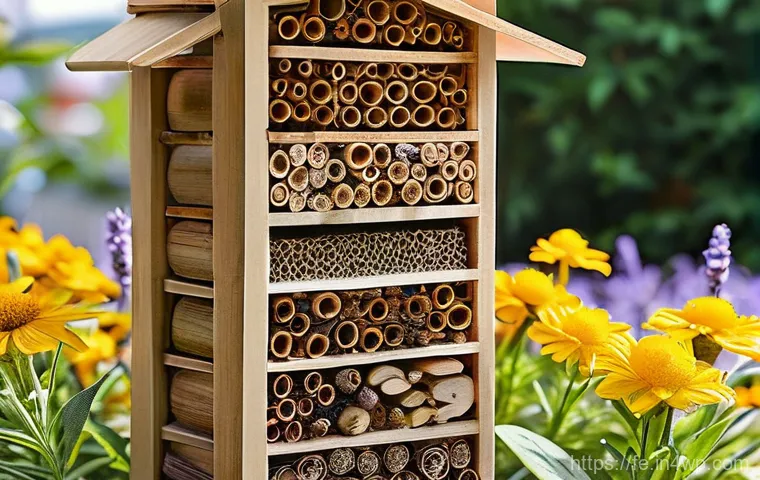 곤충 친화 정원에서의 생태계 회복 전략 - A close-up shot of a meticulously crafted insect hotel, bustling with life, situated in a vibrant ur...