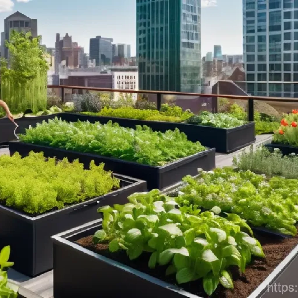 곤충 친화 정원과 경제적 이점 - A vibrant rooftop garden in a bustling city. The garden is lush with various flowering plants, small...