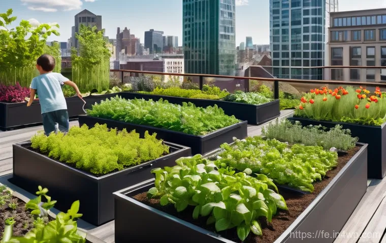 곤충 친화 정원과 경제적 이점 - A vibrant rooftop garden in a bustling city. The garden is lush with various flowering plants, small...
