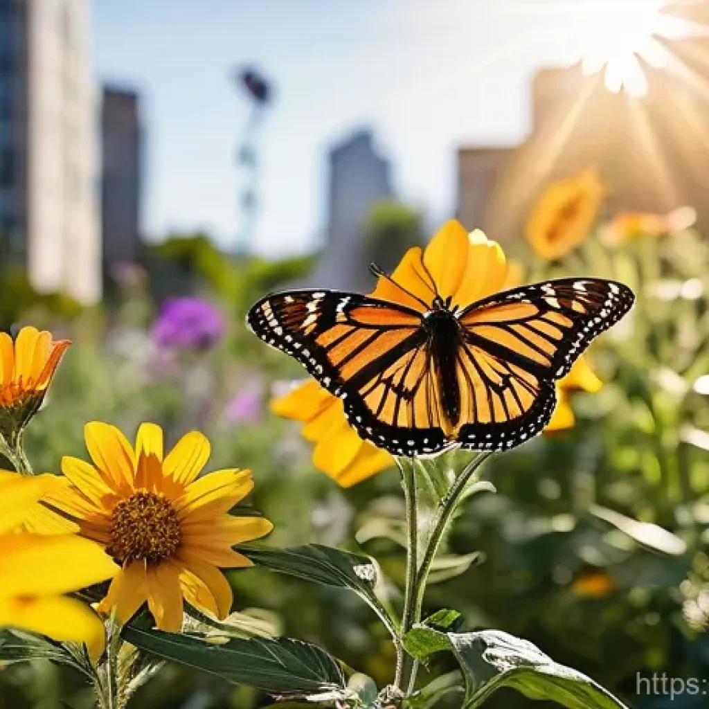 곤충 친화 정원에서의 실험적 연구 - **Prompt:** A vibrant, thriving insect-friendly garden in an urban setting. The garden features a di...