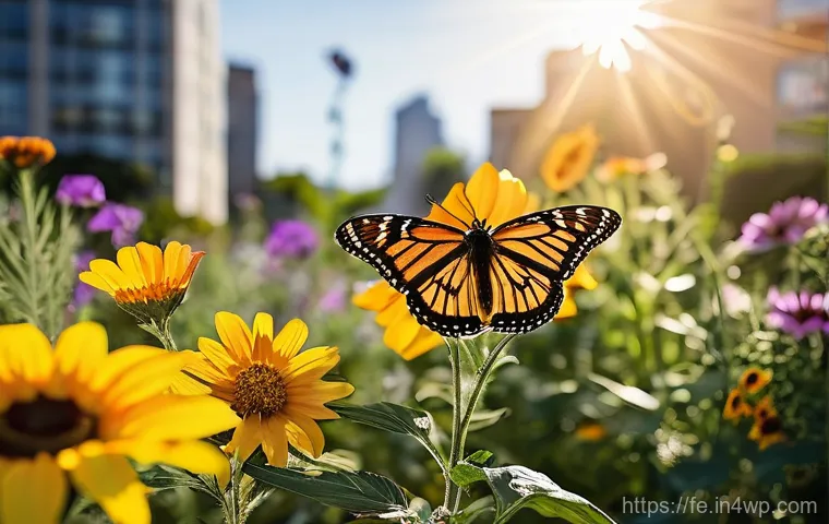 곤충 친화 정원에서의 실험적 연구 - **Prompt:** A vibrant, thriving insect-friendly garden in an urban setting. The garden features a di...