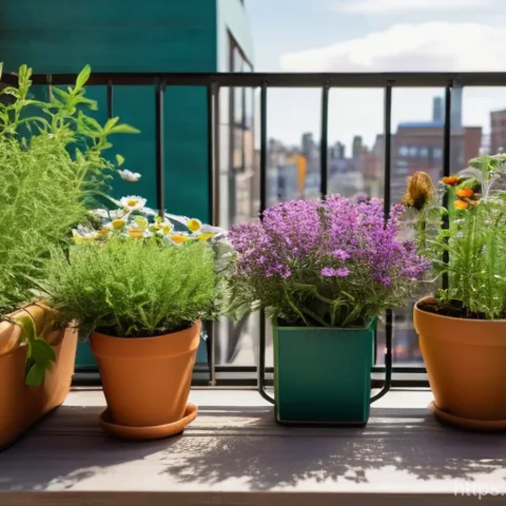 곤충 친화 정원과 기후 변화 - A close-up shot of a vibrant, small balcony garden in an urban apartment. Sunlight streams onto pott...