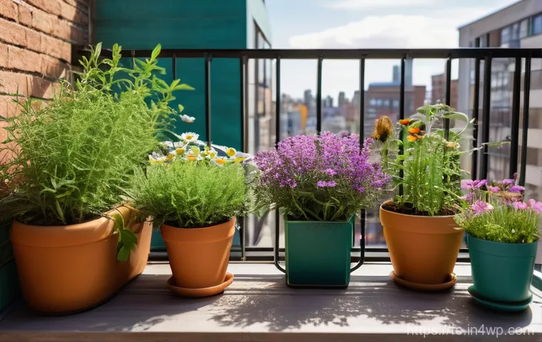 곤충 친화 정원과 기후 변화 - A close-up shot of a vibrant, small balcony garden in an urban apartment. Sunlight streams onto pott...