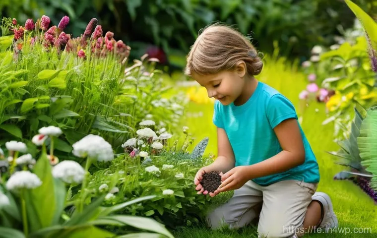 곤충 친화 정원에서의 생태적 디자인 원칙 - A serene and sustainably managed insect-friendly garden focusing on water and soil. In the foregroun...