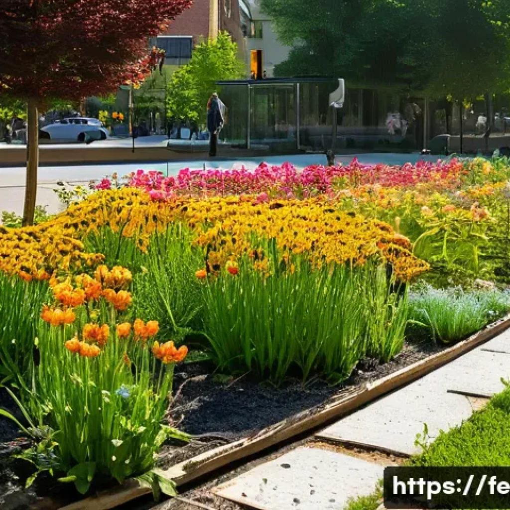 곤충 친화 정원에서의 생태적 자원 관리 - A vibrant urban garden scene featuring native plants in full bloom, teeming with pollinating insects...