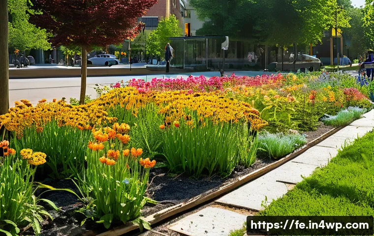 곤충 친화 정원에서의 생태적 자원 관리 - A vibrant urban garden scene featuring native plants in full bloom, teeming with pollinating insects...