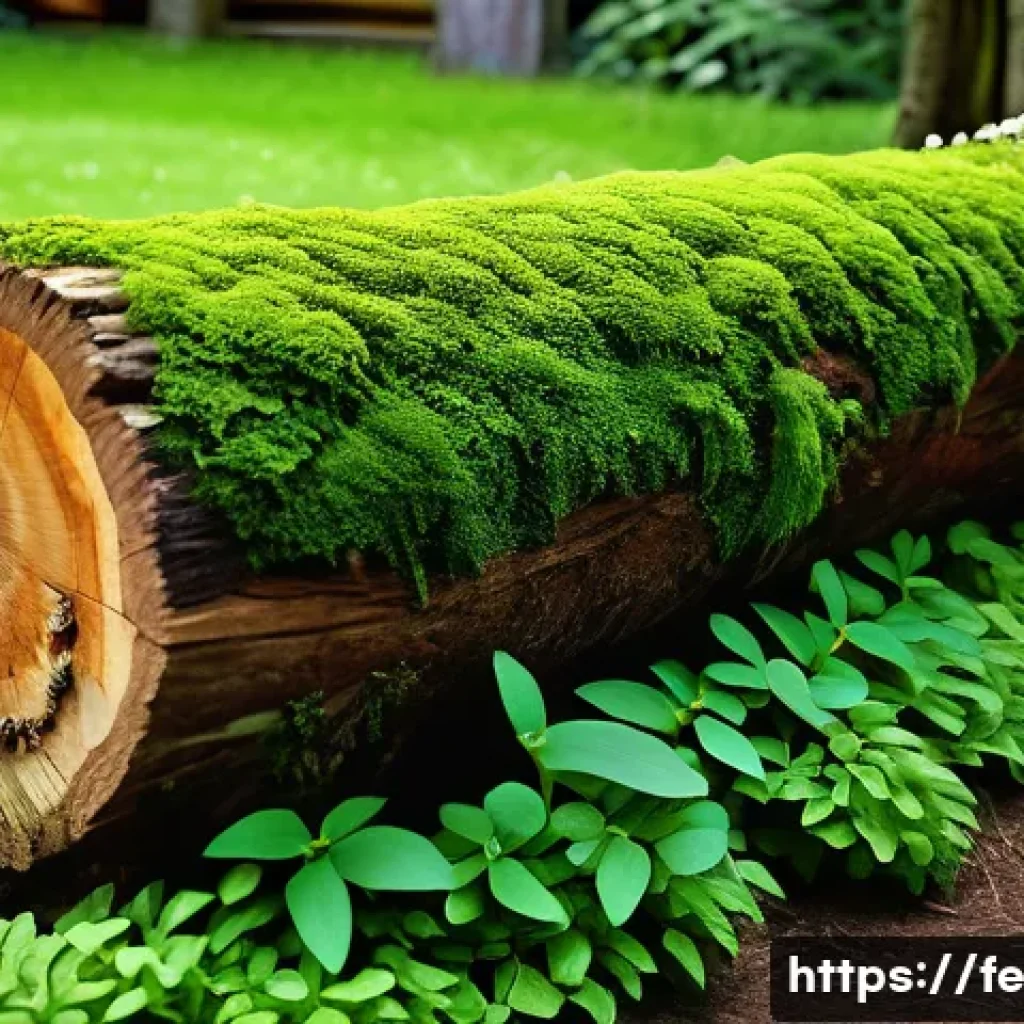 곤충 친화 정원의 디자인 요소 - A vibrant insect-friendly garden scene featuring a large, weathered deadwood log intertwined with na...