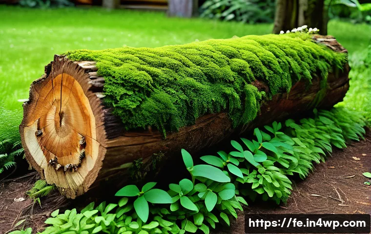 곤충 친화 정원의 디자인 요소 - A vibrant insect-friendly garden scene featuring a large, weathered deadwood log intertwined with na...