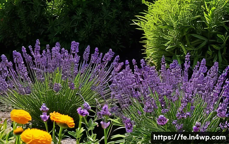 곤충 친화 정원에서의 자가 생태계 유지 전략 - A vibrant garden scene in spring showing diverse insects actively interacting with plants: honeybees...
