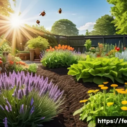 Home 33 곤충 친화 정원에서의 유기농 재배 - A vibrant organic garden scene showcasing a variety of flowering plants such as lavender, chamomile,...