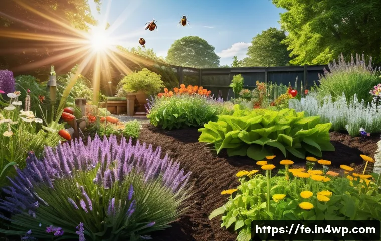 곤충 친화 정원에서의 유기농 재배 - A vibrant organic garden scene showcasing a variety of flowering plants such as lavender, chamomile,...
