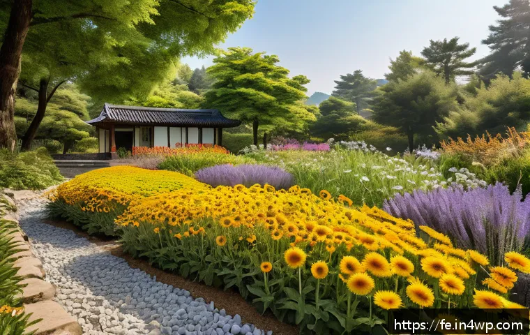 곤충을 위한 정원 안전 관리 - A vibrant insect-friendly garden scene showcasing a variety of blooming flowers including dandelions...