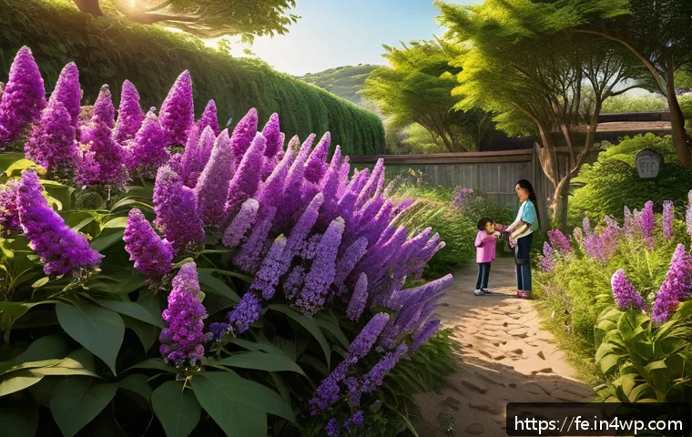 곤충 친화 정원의 식물 추천 - A vibrant garden scene featuring lush Buddleia bushes covered in clusters of small purple flowers, a...