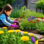 Home 18 곤충 친화 정원과 환경 교육 - A vibrant urban insect-friendly garden scene with children planting diverse flowers and herbs like d...