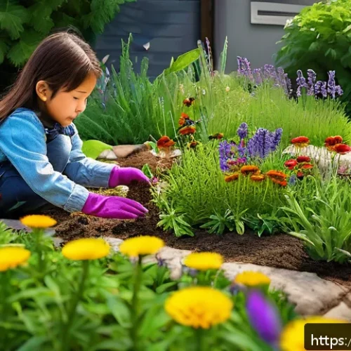 Home 30 곤충 친화 정원과 환경 교육 - A vibrant urban insect-friendly garden scene with children planting diverse flowers and herbs like d...