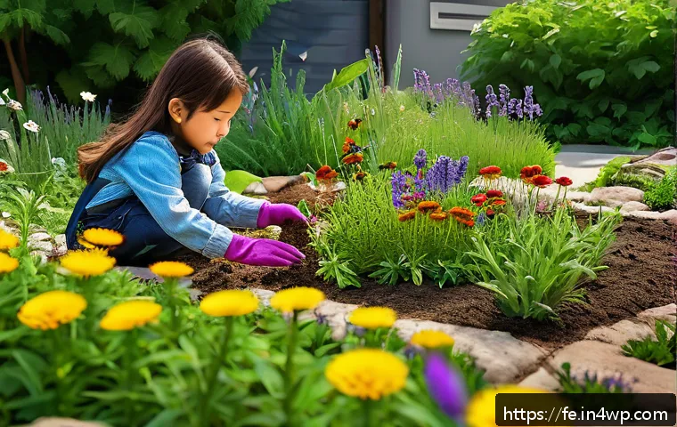곤충 친화 정원과 환경 교육 - A vibrant urban insect-friendly garden scene with children planting diverse flowers and herbs like d...