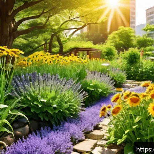 Home 17 곤충 친화 정원의 생태계 지표 - A vibrant urban garden scene in spring, featuring native plants like lavender, dandelions, and sunfl...