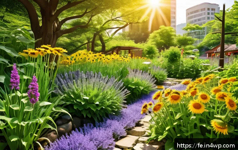 곤충 친화 정원의 생태계 지표 - A vibrant urban garden scene in spring, featuring native plants like lavender, dandelions, and sunfl...