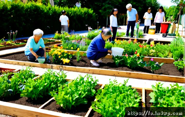 곤충 친화 정원 조성을 위한 지역 사회 참여 - Photorealistic community garden workday, diverse neighbors including older adults and children in ca...