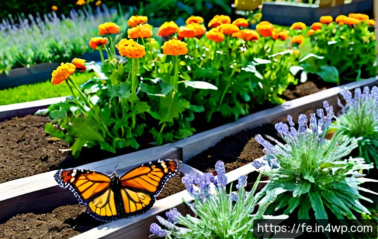 곤충 친화 정원의 수확 가능 작물 - Photorealistic edible insect-friendly garden in peak summer, raised beds with ripe tomatoes, zucchin...